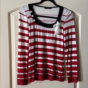 Paris Striped Red & White Long-Sleeve Top with Black Scoop Trim and Bow L